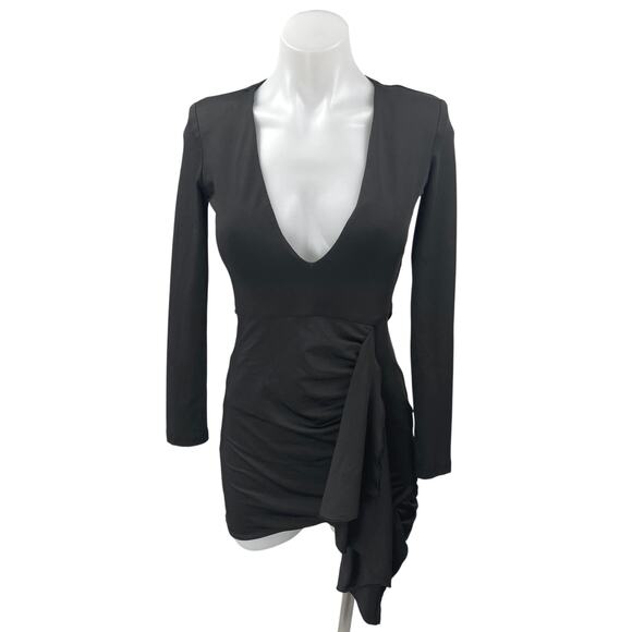 Superdown Martyna Black Long Sleeve V-Neck Ruched Draped Mini Bodycon Dress Sz S - Picture 1 of 5